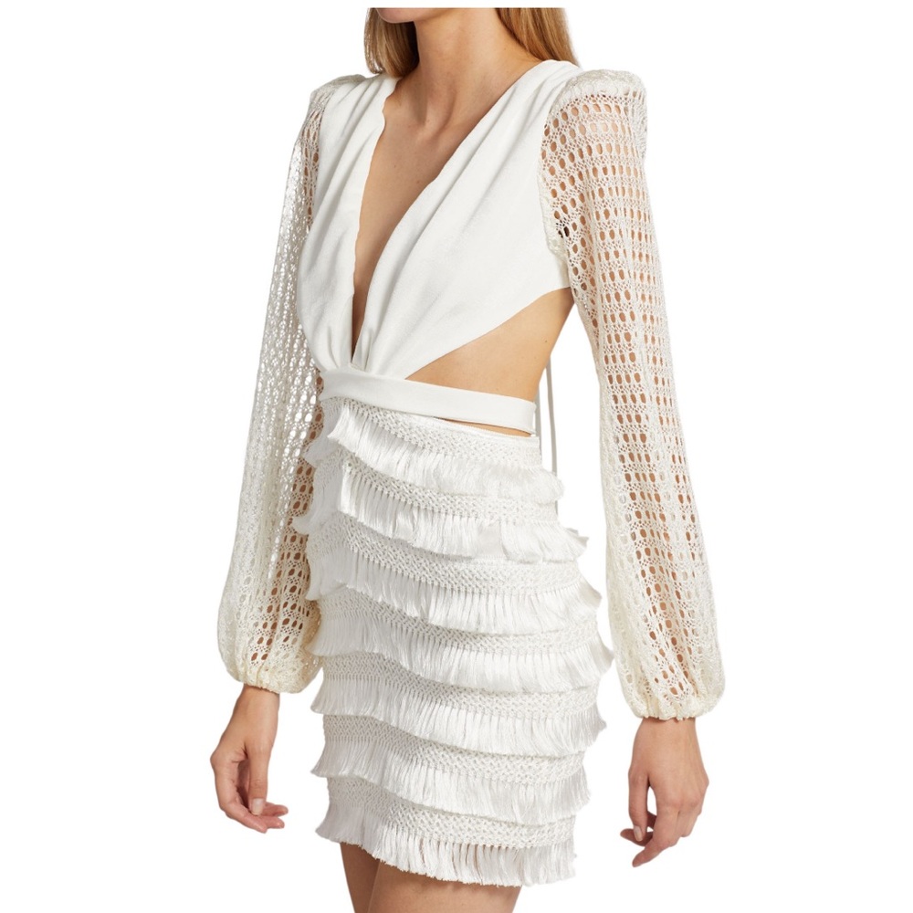 PatBo Eyelet & Fringe Mini Dress, white, 6